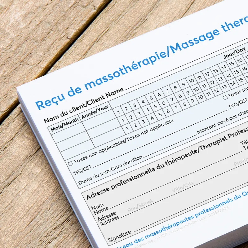 Carnet de reçus de massothérapie du Réseau des massothérapeutes professionnels du Québec